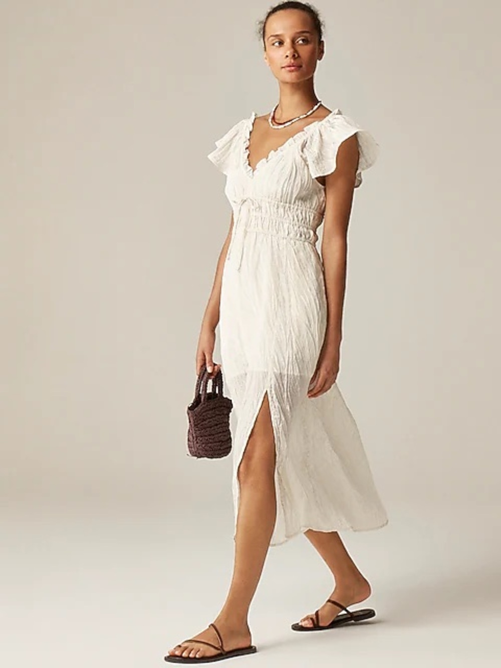 J Crew Empire waist Palermo dress in natural color crinkle fabric tie waist.